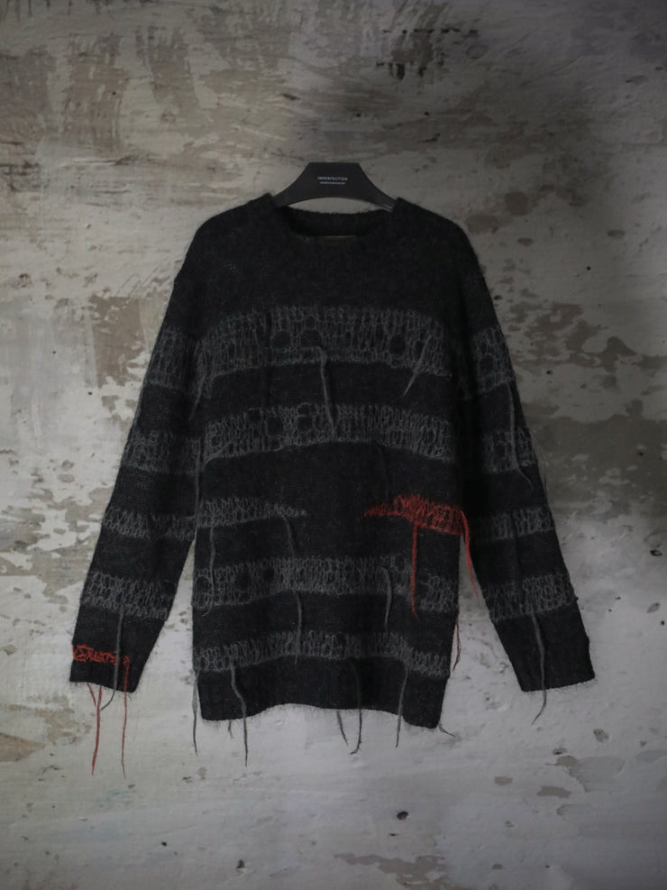 CONTRASTING COLOR MOHAIR SWEATER WITH BROKEN HOLES AND FRINGE