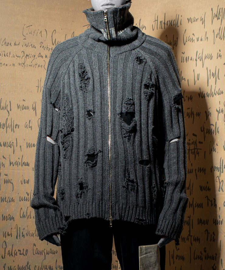IMPERFECTION 'WANTED' zip up torn sweater